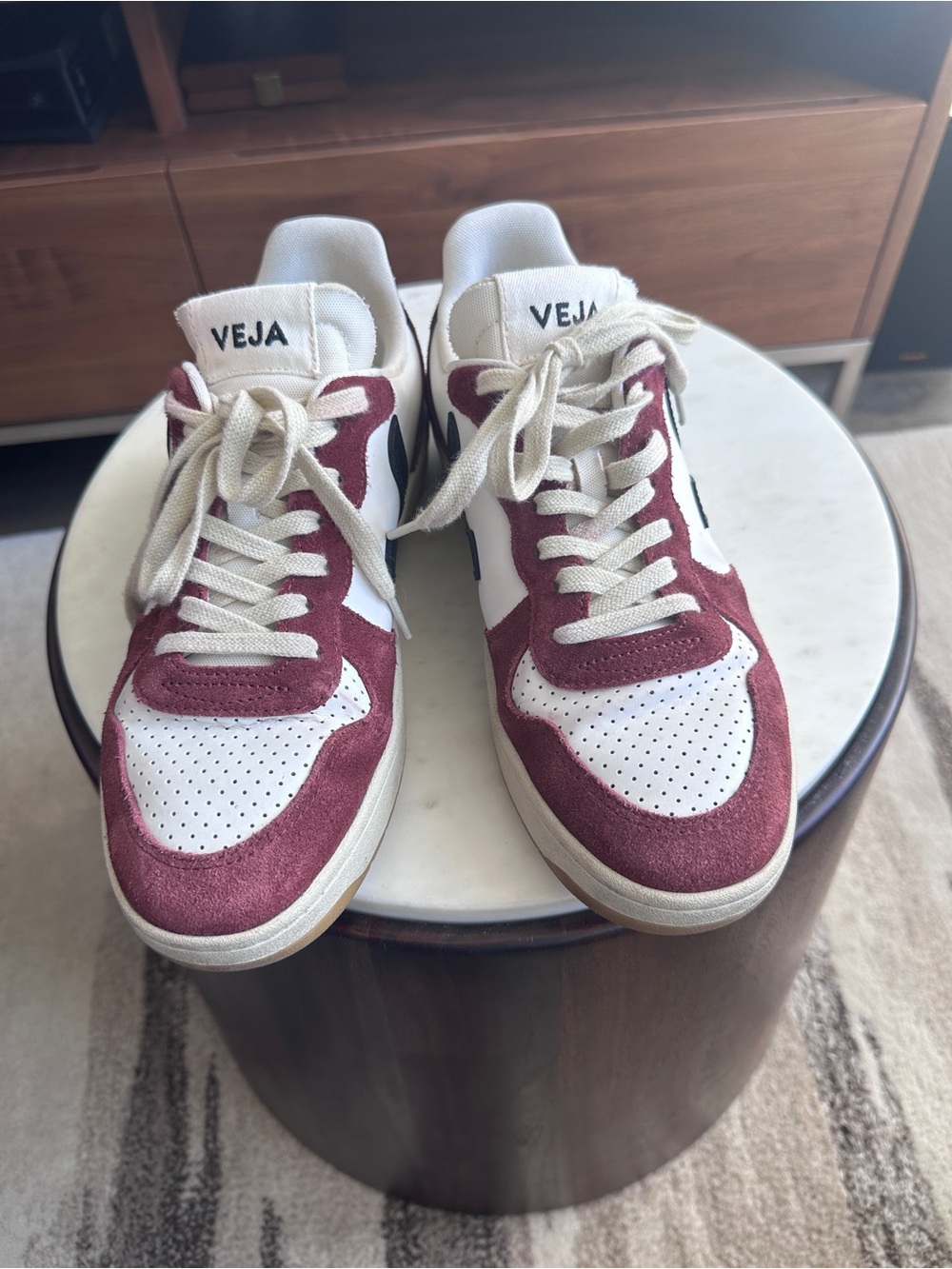 VEJA Burgundy and White V-10 Leather Sneakers